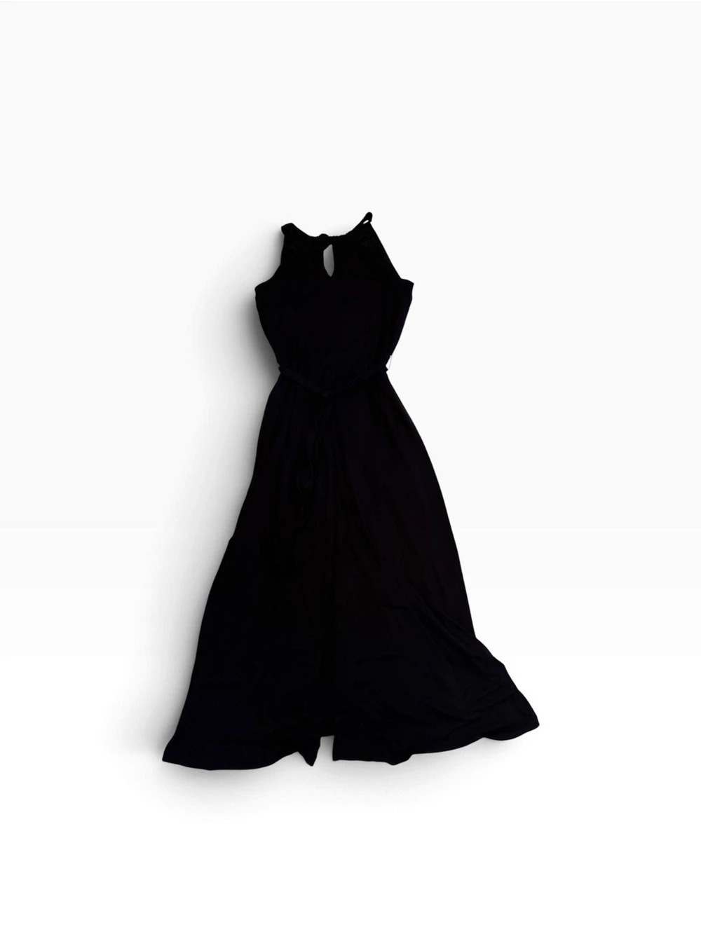 Ann Taylor Black Grecian Keyhole Maxi Dress Tie Waist Front Slit Size M